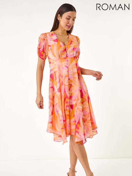 Roman Orange Abstract Painted Floral Print Hanky Hem Dress (W29254) | £65
