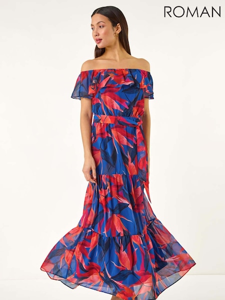 Roman Blue Floral Print Bardot Belted Maxi Dress (W29257) | £70