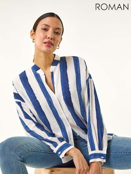 Roman Blue Stripe Print Relaxed Button Shirt (W29270) | £40