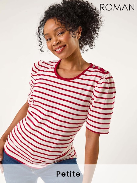 Roman Red Petite 100% Cotton Stripe Ruched Stretch Top (W29276) | £32