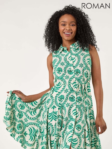 Roman Green Petite Printed Godet Detail Dress (W29277) | £58
