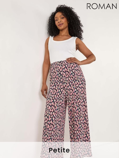 Roman Pink Petite Floral Crinkle Trousers (W29289) | £32