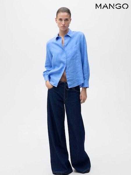 Mango Blue Straight Long Sleeve Linen Shirt (W29379) | £36