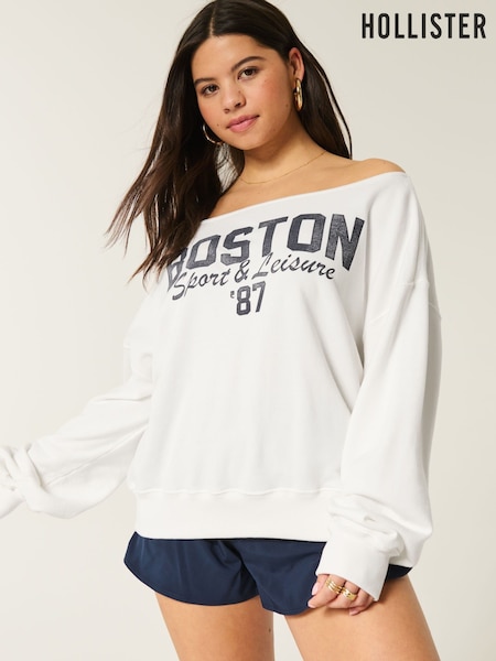 Hollister Off The Shoulder Graphic White Sweatshirt (W29408) | £36