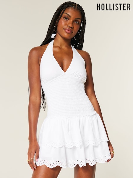 Double Tier Smocked Halter Skort White Dress (W29415) | £50