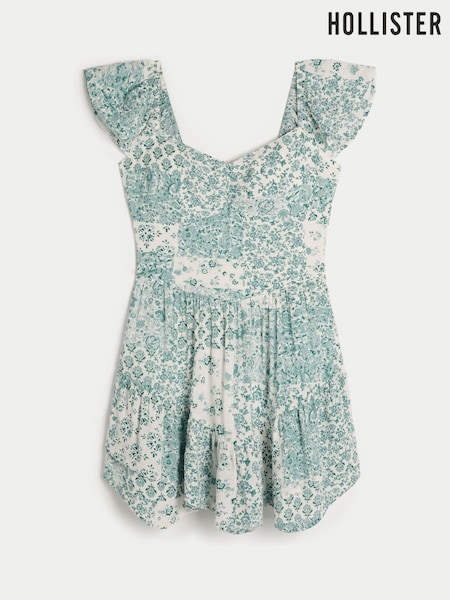 Hollister Green Flutter Sleeve Dipped Hem Mini Skort Dress (W29416) | £40