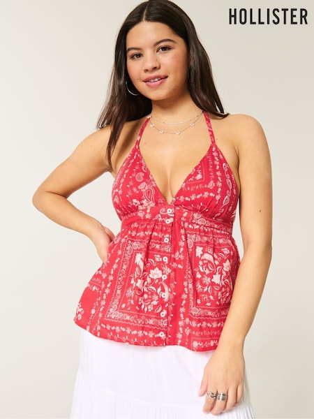 Hollister Red V-Neck Halter Open Back Top (W29423) | £26