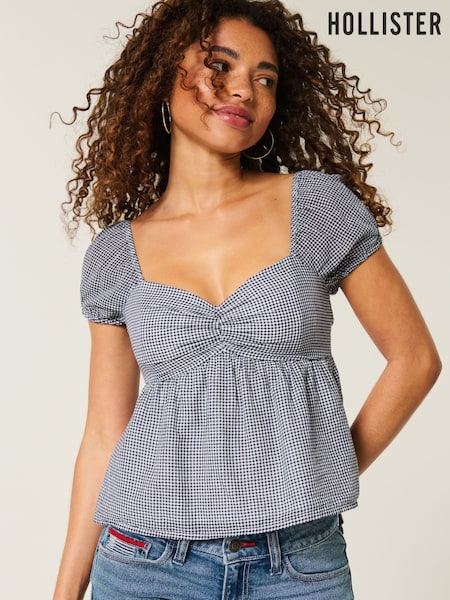 Hollister Blue Open Back Babydoll Puff Sleeve Peplum Top (W29433) | £30