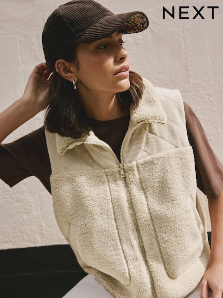 Ecru Cord Borg Mix Zip Through Gilet (W29599) | £48