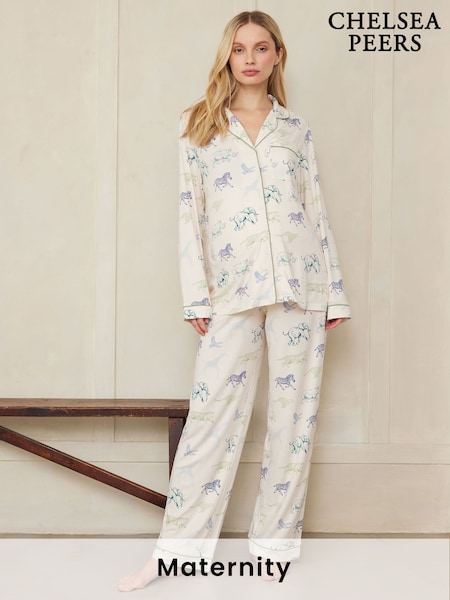 Chelsea Peers White Maternity Trouser Pyjamas Racing Animal Print Short Pyjamas Set (W29680) | £45
