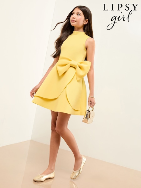Lipsy Buttermilk Yellow Bow Scuba Halter Dress (5-16yrs) (W29700) | £38 - £48
