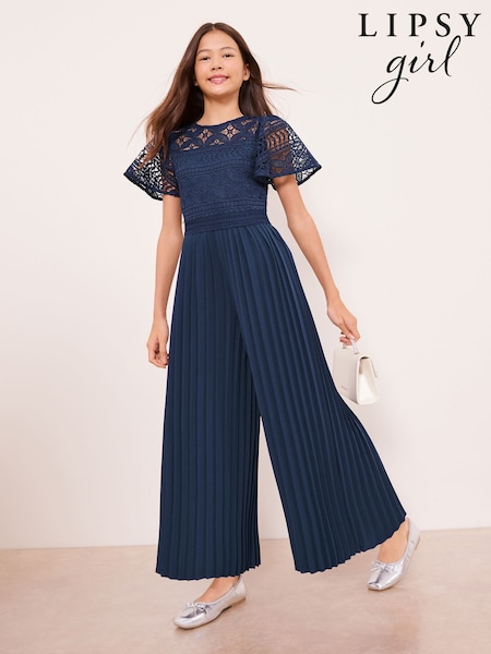 Lipsy Navy Blue Flutter Sleeve Lace Occasion Jumpsuit (5-16yrs) (W29703) | £55 - £63