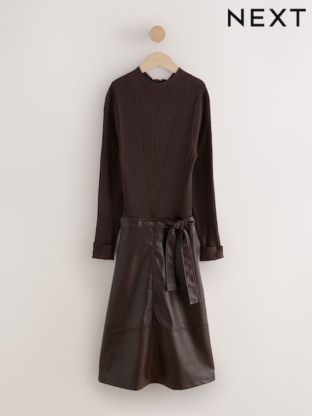 Chocolate Brown Faux Leather Mix Tie Belt Midi Dress (W29705) | £50