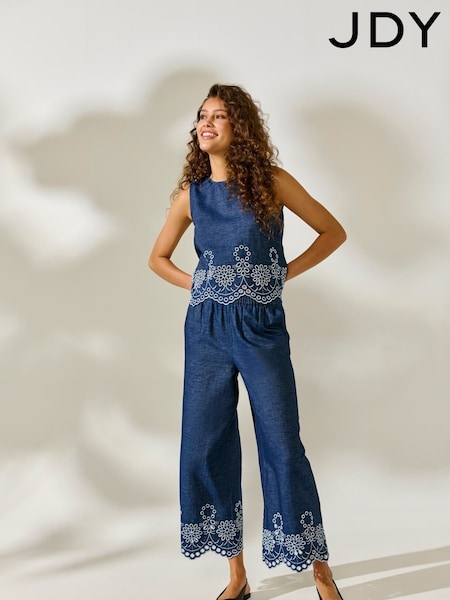 JDY Blue 100% Cotton Embroidery Detail High Waisted Trousers (W29722) | £45