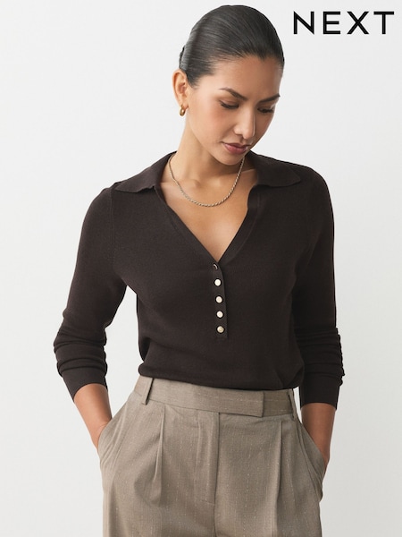 Chocolate Brown Soft Touch V-Neck Cotton Rich Knitted Polo Top (W29766) | £24