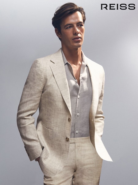 Reiss Stone Bloomfield Linen-Cotton Single-Breasted Suit Blazer Slim-Fit (W29767) | £398