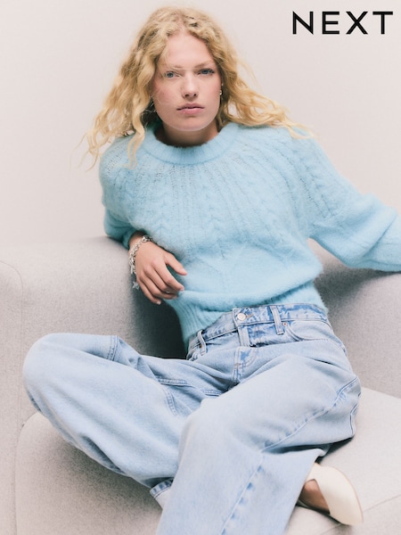 Light Blue Wool Blend Cable Knit Crew Neck Jumper (W29784) | £36