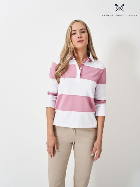 Crew Clothing White/Pink Long Sleeve Stripe Rugby 100% Cotton Shirt (W29843) | £59