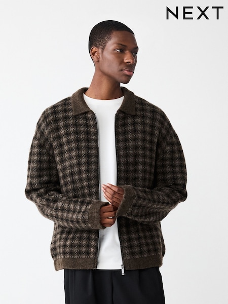 Khaki Green Regular Fit Check Collared Zip-Through Cardigan with Wool (W29888) | £39