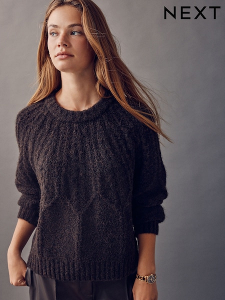 Chocolate Brown Wool Blend Cable Knit Crew Neck Jumper (W29948) | £36