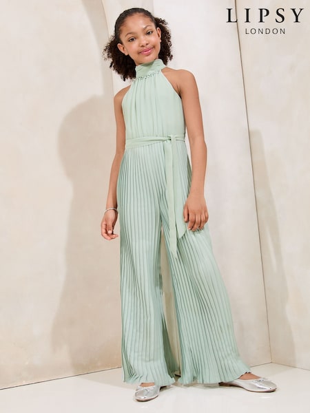 Lipsy Mint Green Halter Embellished Occasion Jumpsuit (5-16yrs) (W29984) | £48 - £56