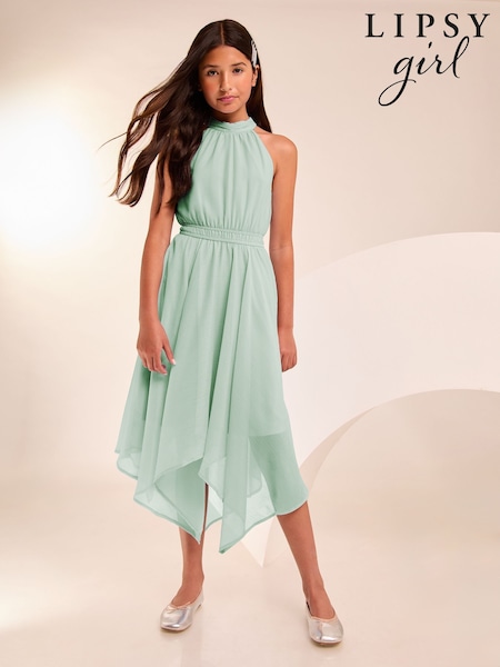 Lipsy Green Hanky Hem Halter Occasion Dress (7-16yrs) (W29996) | £39 - £47