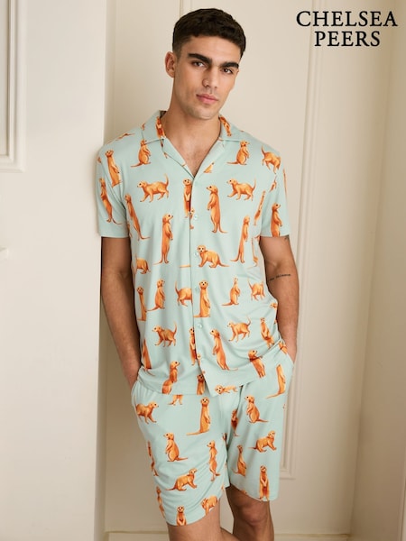 Chelsea Peers Blue Light Meerkat Print Short Pyjamas Set (W30062) | £35