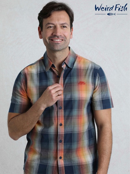 Weird Fish Blue Judd Short Sleeve 100% Cotton Check Shirt (W30078) | £38