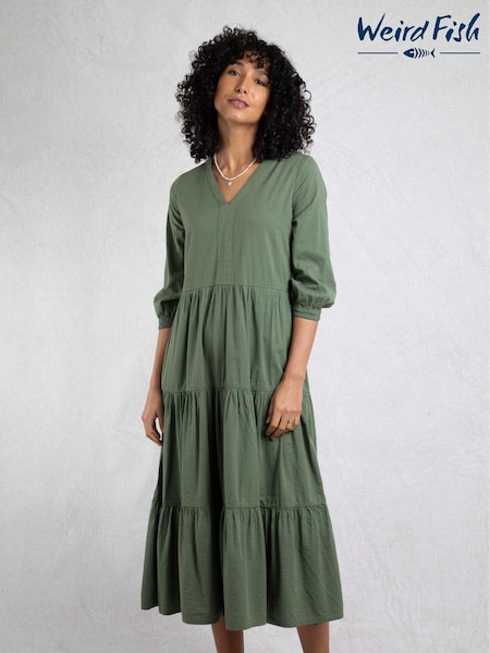 Weird Fish Grey Margo Seersucker Tiered Midi Dress (W30096) | £55
