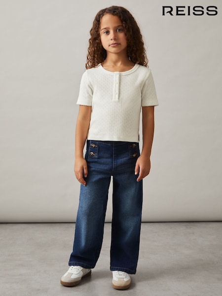 Reiss Ivory Margot Cotton Pointelle Button T-Shirt (W30197) | £29