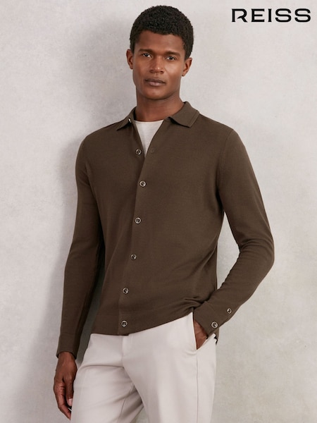 Reiss Chocolate Brown Forbes Merino Wool Button-Through Cardigan (W30198) | £118