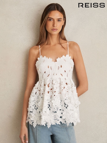 Reiss Ivory Melody Cotton Cut Out Lace Cami Top (W30207) | £280