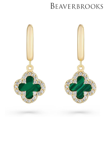 Beaverbrooks Yellow Gold Tone Cubic Zirconia Malachite Clover Hoop Drop Earrings (W30460) | £75