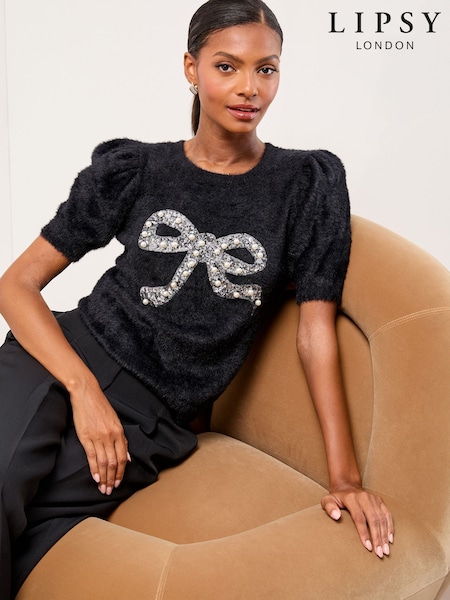 Lipsy Black Bow Christmas Short Sleeve Crew Neck Knitted Top (W30618) | £38