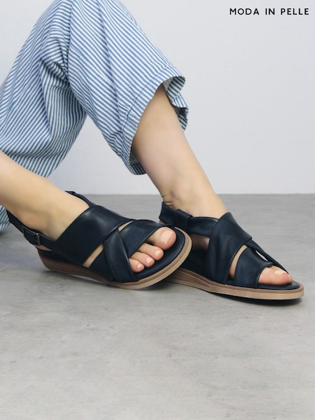Moda in Pelle Blue Over Soft Cross Strap Leather Sandals On Microwedge (W30647) | £119