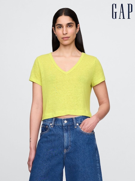 Gap Yellow Linen-Blend Cropped V Neck T-Shirt (W30664) | £25