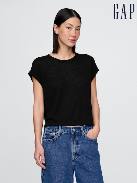 Gap Black Linen-Blend Roll-Cuff T-Shirt (W30666) | £20