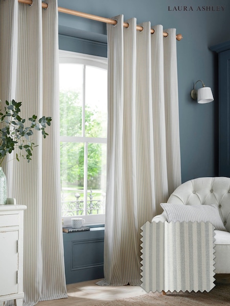 Laura Ashley Slate Blue Cornish Chenille Stripe Eyelet Curtains (W30669) | £70 - £170