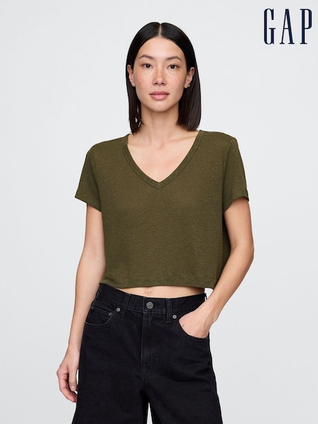 Gap Khaki Green Linen-Blend Cropped V Neck T-Shirt (W30672) | £25