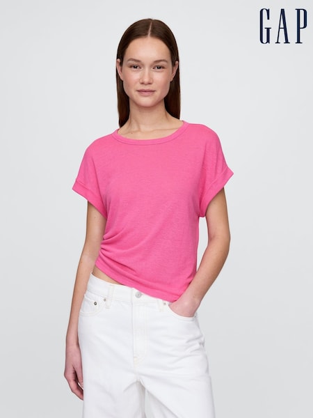 Gap Pink Linen-Blend Roll-Cuff T-Shirt (W30673) | £20