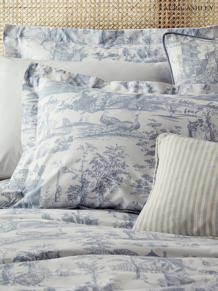 Laura Ashley Set of 2 Chambray Blue Braysmith Toile 200 Thread Pillowcases (W30677) | £25