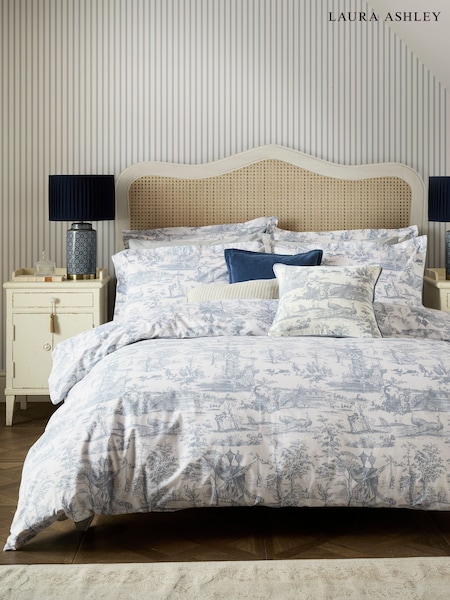 Laura Ashley Chambray Blue Braysmith Toile 200 Thread Count Duvet Cover and Pillowcase Set (W30685) | £50 - £90