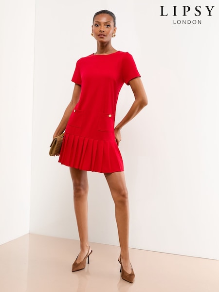 Lipsy Red Military Button Pleated Mini Shift Dress (W30710) | £49