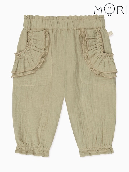 MORI Sage Green 100% Cotton Muslin Frilled Trousers (W30715) | £24 - £26