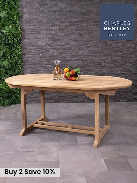 Charles Bentley Brown Teak Wooden Oval Extending Garden Table (W30736) | £620
