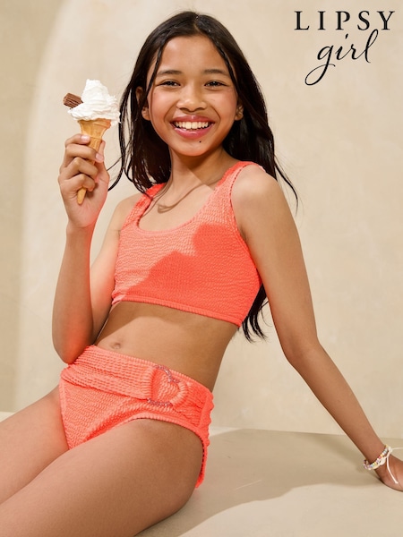 Lipsy Orange Heart Buckle Scoop Neck Textured Bikini (5-16yrs) (W30842) | £16 - £24