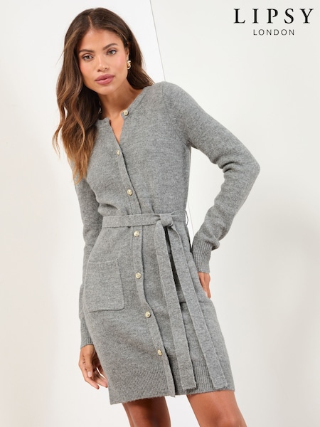 Lipsy Grey Mini Belted Buttoned Long Sleeve Knitted Dress (W30871) | £54