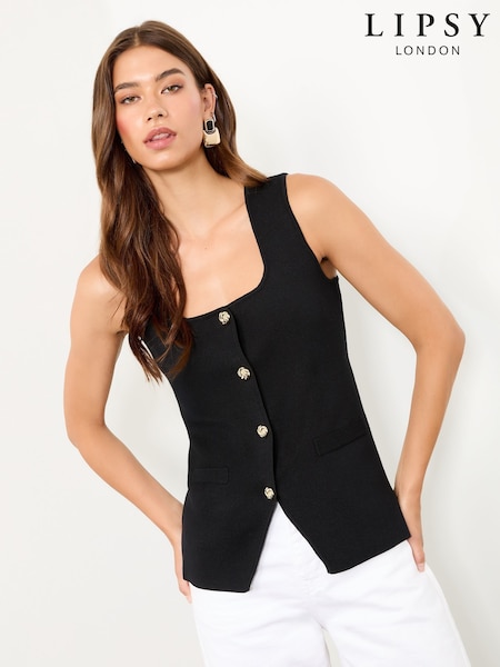 Lipsy Black Square Neck Mock Placket Buttoned Knitted Waistcoat Top (W31042) | £36