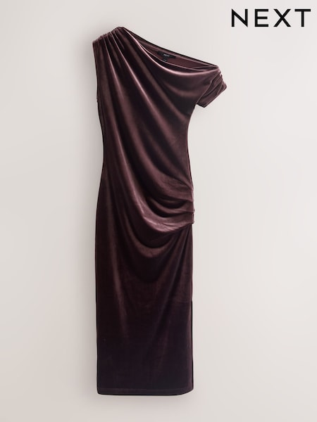 Chocolate Brown Velvet Off Shoulder Column Midi Dress (W31064) | £45