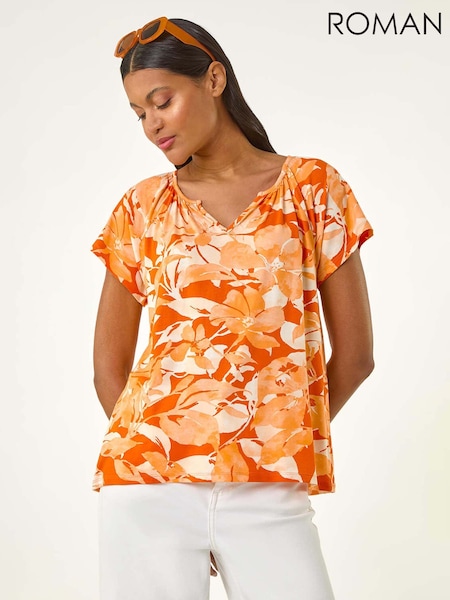Roman Orange Abstract Print Hanky Hem Stretch Top (W31070) | £32